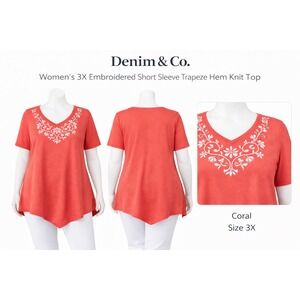 Denim & Co Womens 3X Embroidered Short Sleeve Trapeze Hem Knit Top Coral NEW